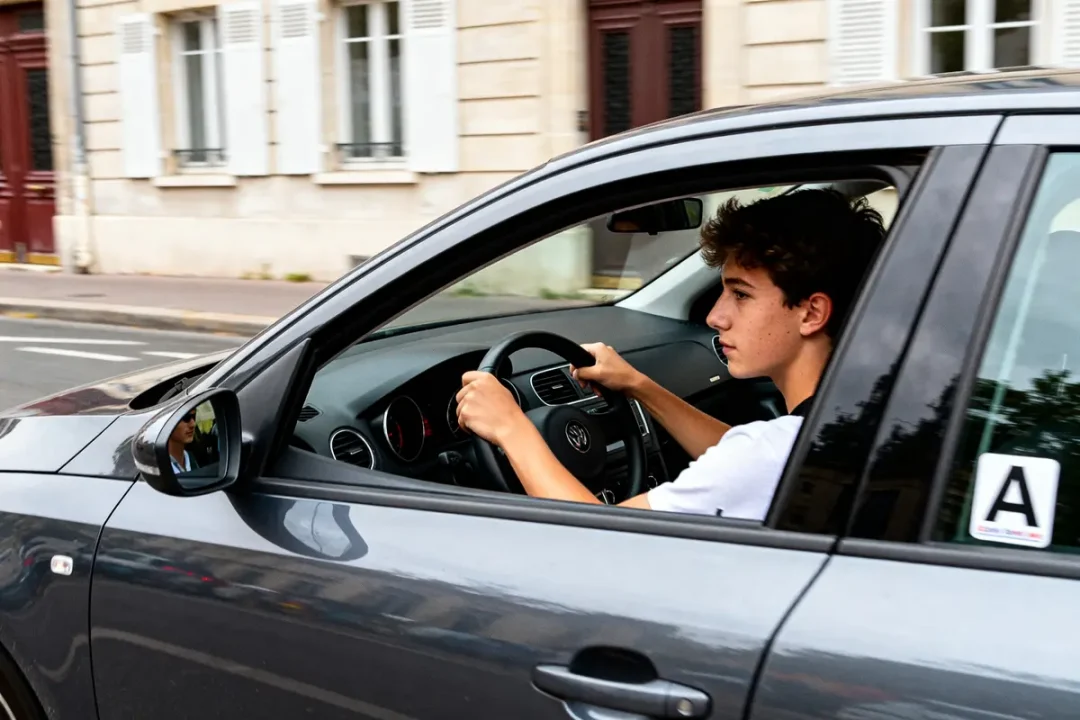 Un jeune conducteur attentif Ă la conduite dans une voiture urbaine grise