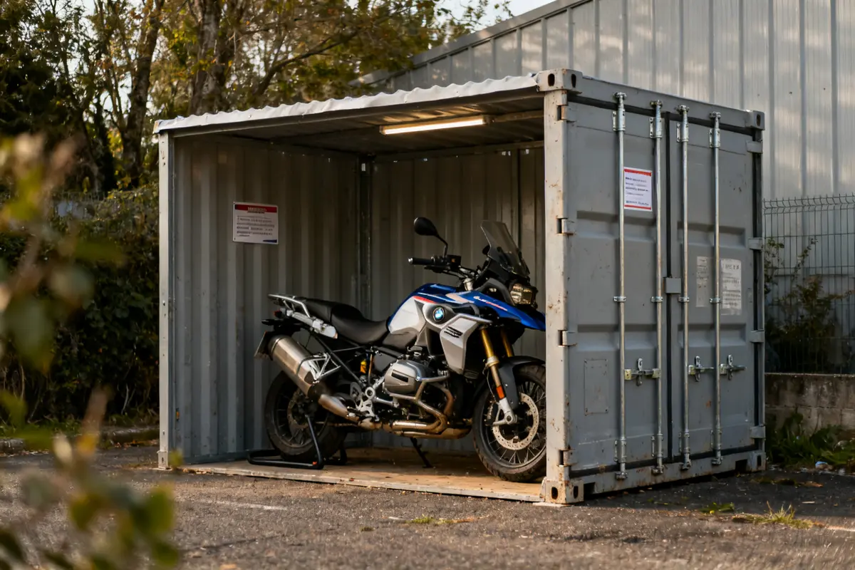 Moto stationnée dans un abri moto rigide en métal près d'un bâtiment industriel