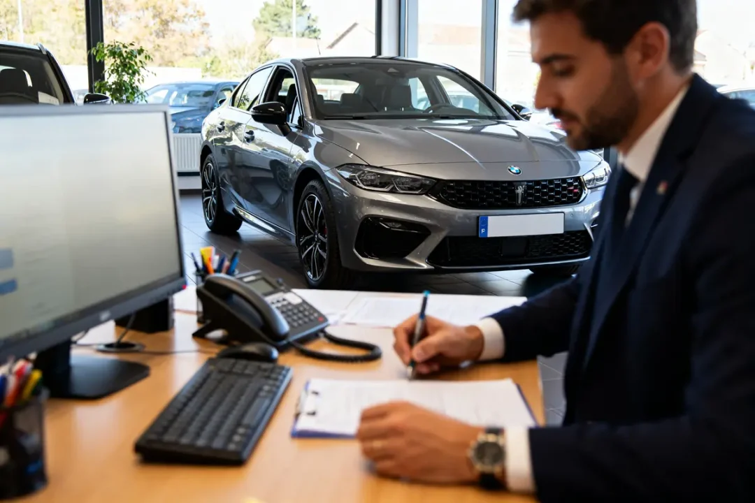 Homme au bureau rédigeant des documents pour annuler une vente de voiture avec un professionnel