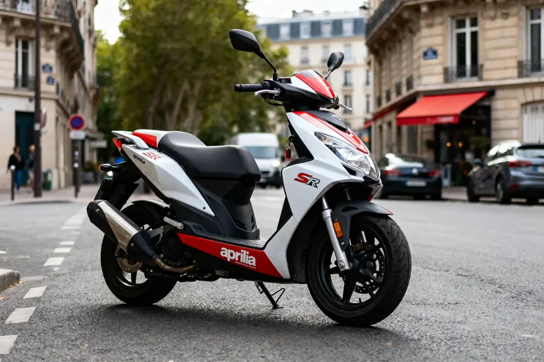 Scooter Aprilia SXR 50 garé en ville illustrant sa vitesse max sous un ciel dégagé