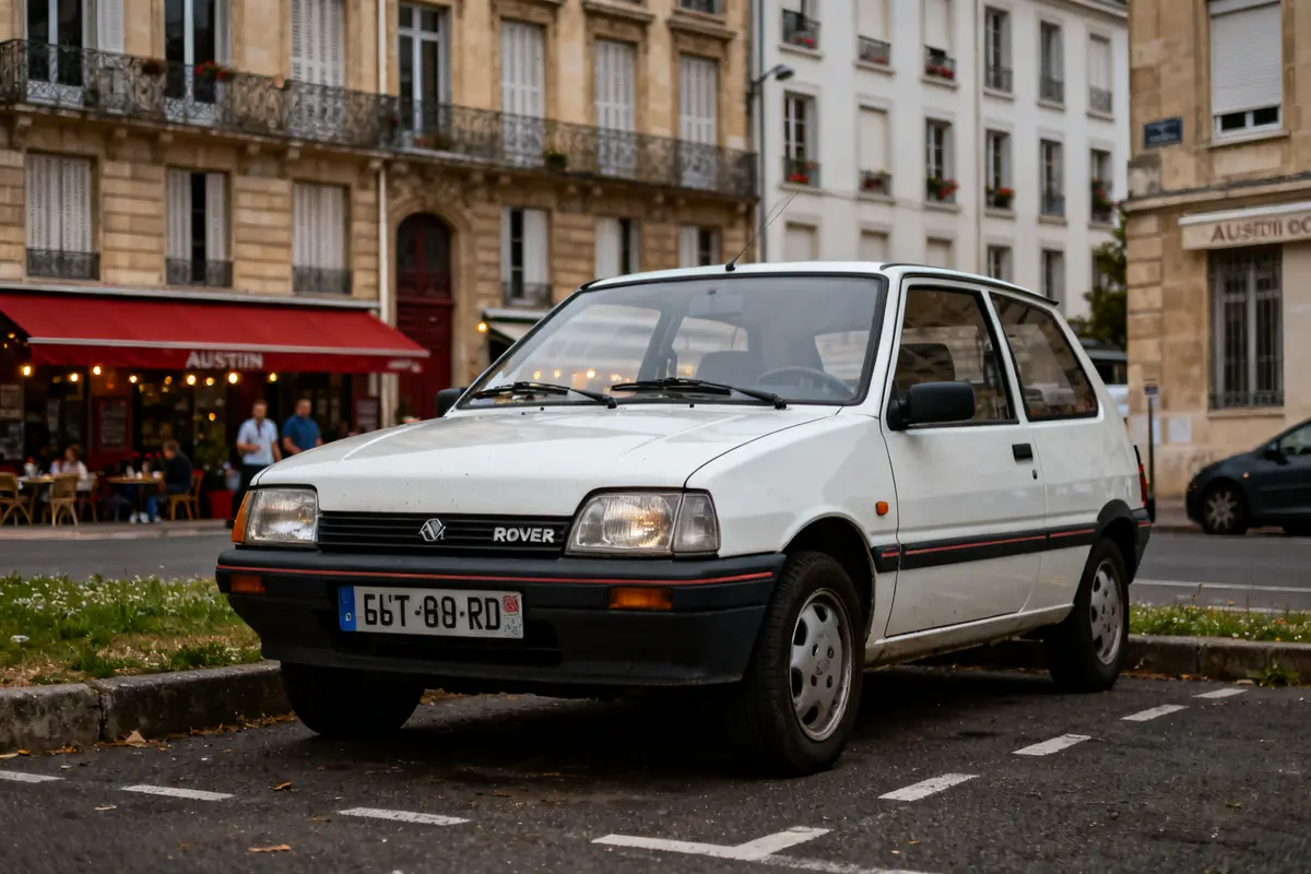 Voiture Austin Metro Rover blanche garée devant un café parisien animé