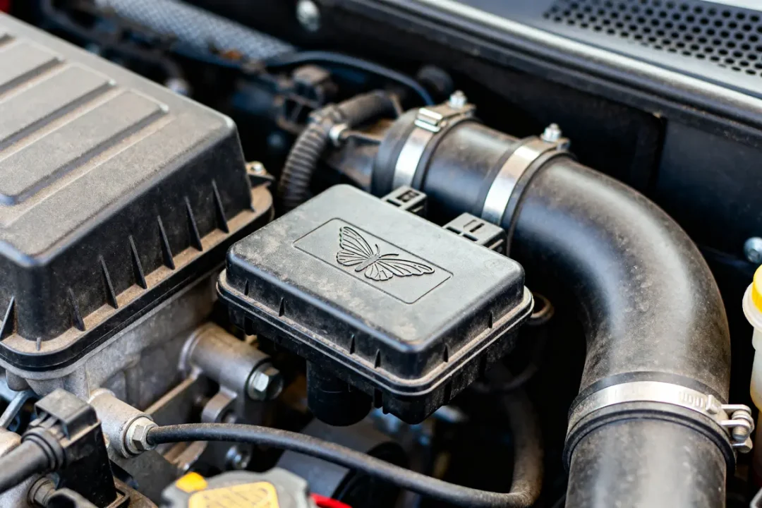 Boitier papillon voiture installé dans le compartiment moteur, vue en gros plan