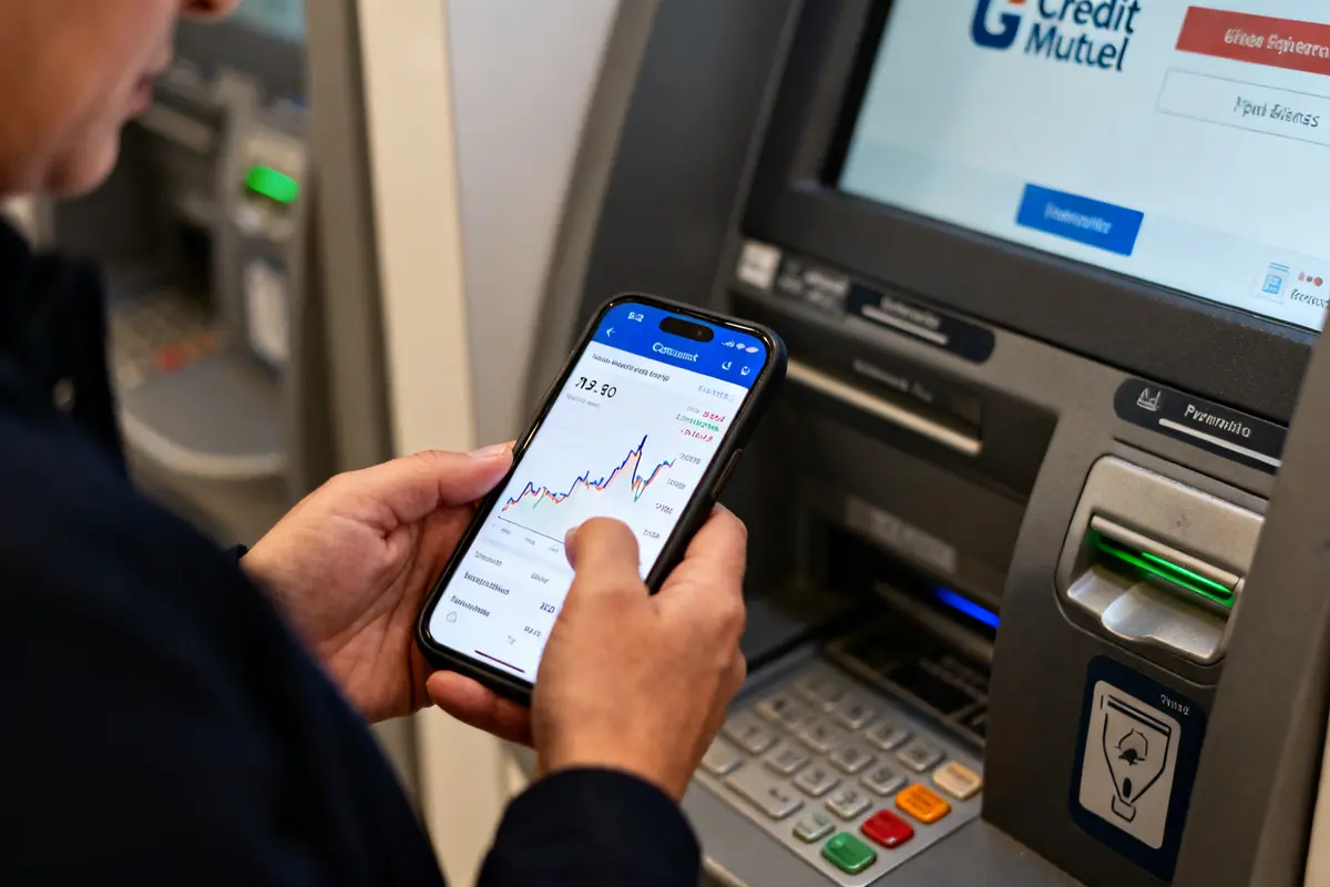 Personne consultant compte titre Credit Mutuel sur smartphone devant un distributeur automatique