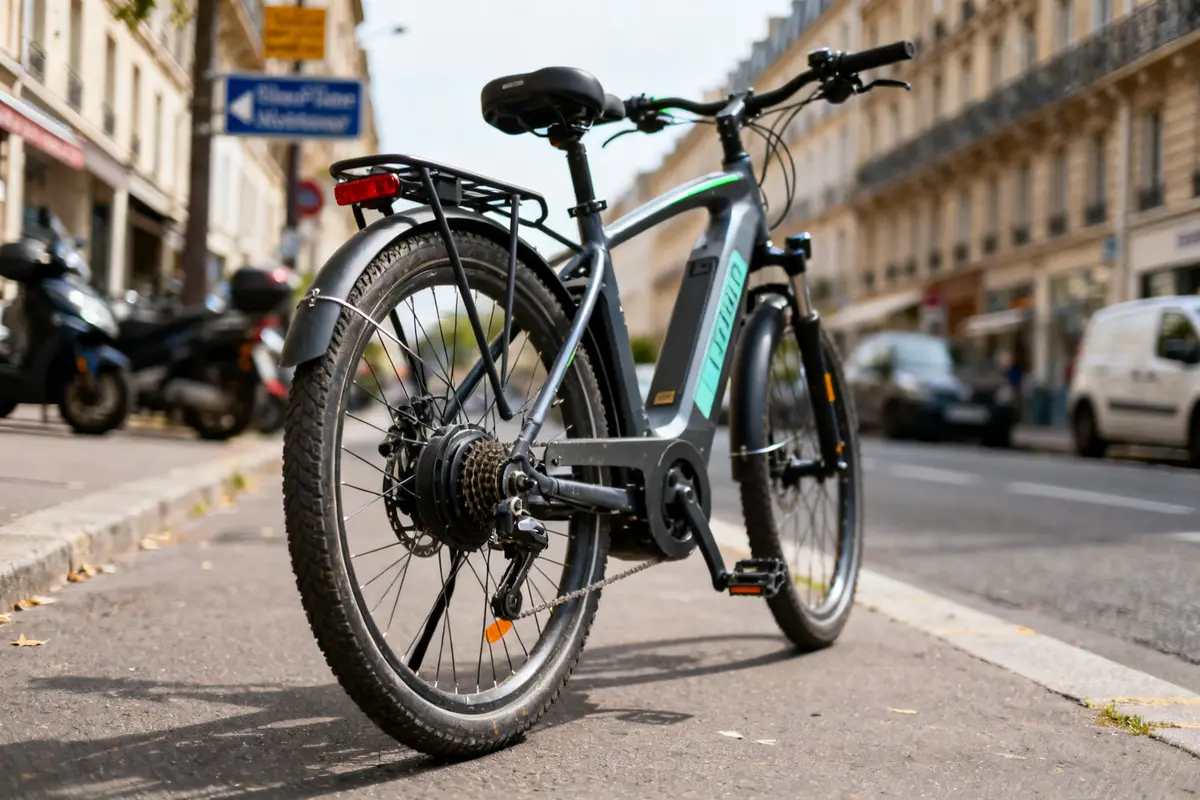 Vélo électrique stationné avec moteur roue arrière pouvant débrider puissance dans une rue urbaine