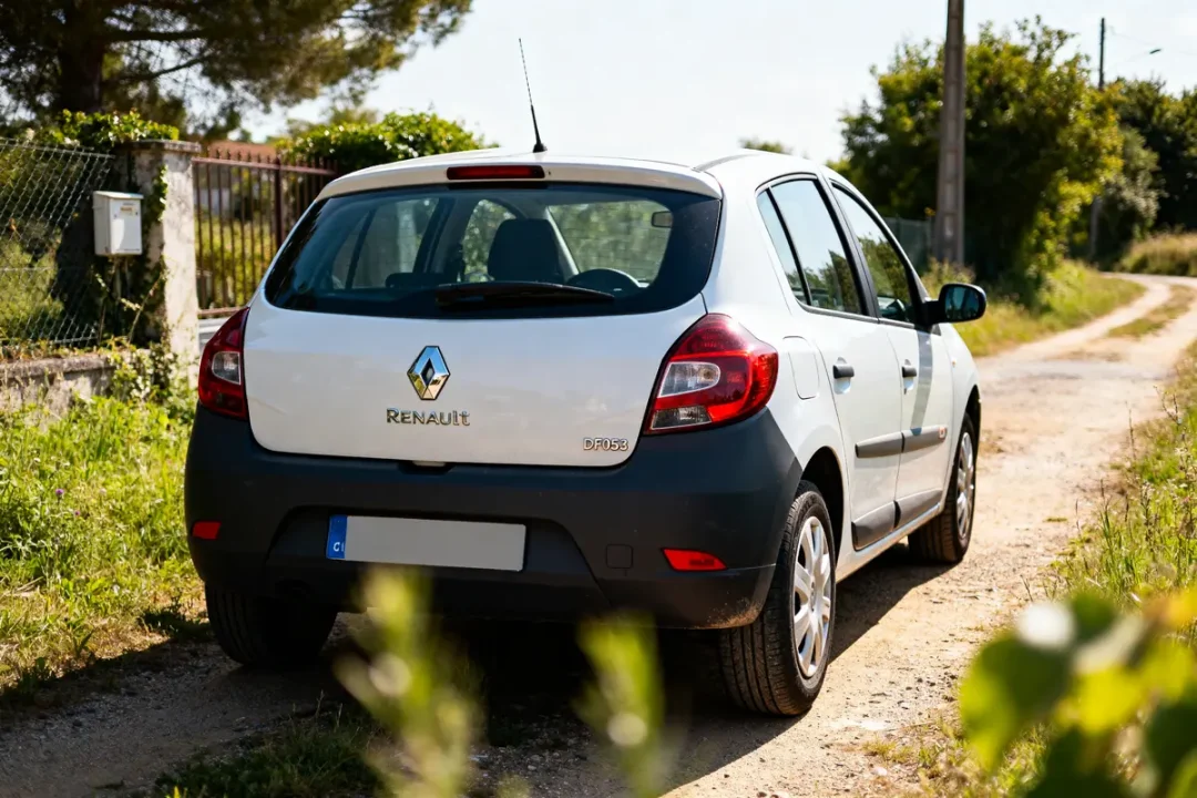 Arrière d'une Renault, modèle df053, sur un chemin rural, moteur 1.5 dci