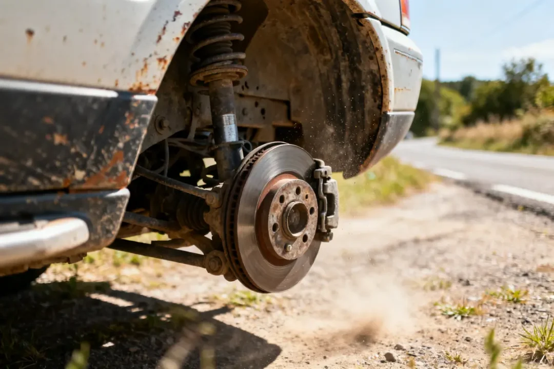 Vue rapprochée du disque de frein arrière d'un Freelander 1 Land Rover en chemin
