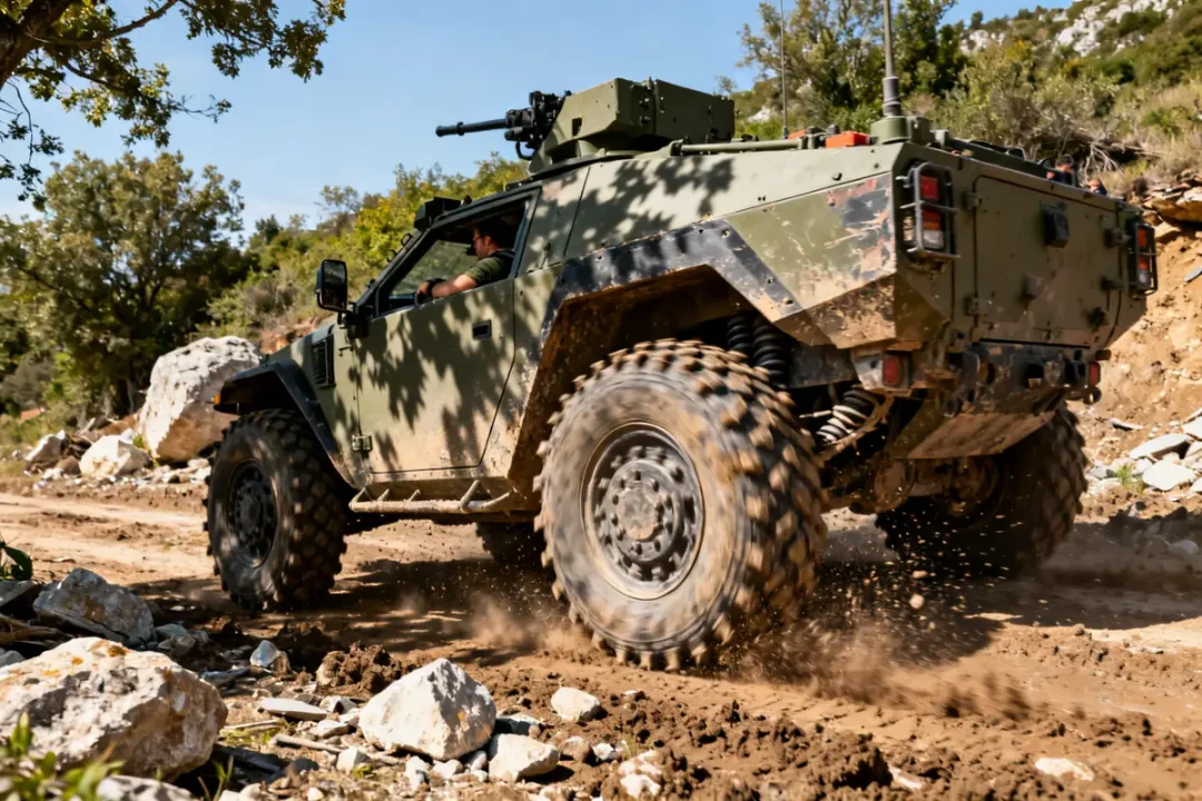 Véhicule militaire gbc armée tout-terrain manœuvrant sur terrain rocheux en pleine nature
