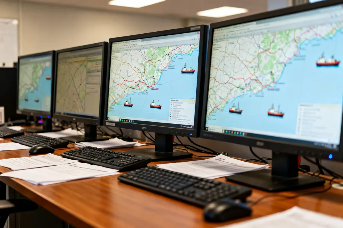 Ordinateurs surveillant le trafic maritime sur des cartes numériques dans un hubtransport logistique.