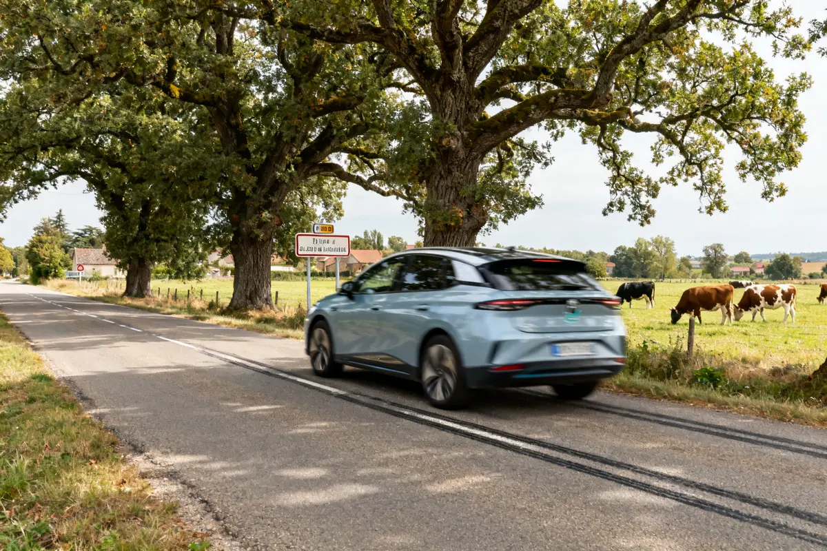 Voiture bleue passe devant vaches et panneaux près d'un labelgarantie rural