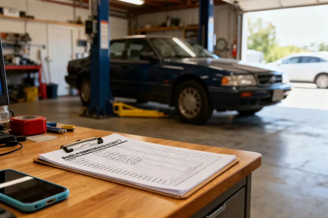 Fiche suivi entretien véhicule sur table devant voiture en garage avec modele approprié