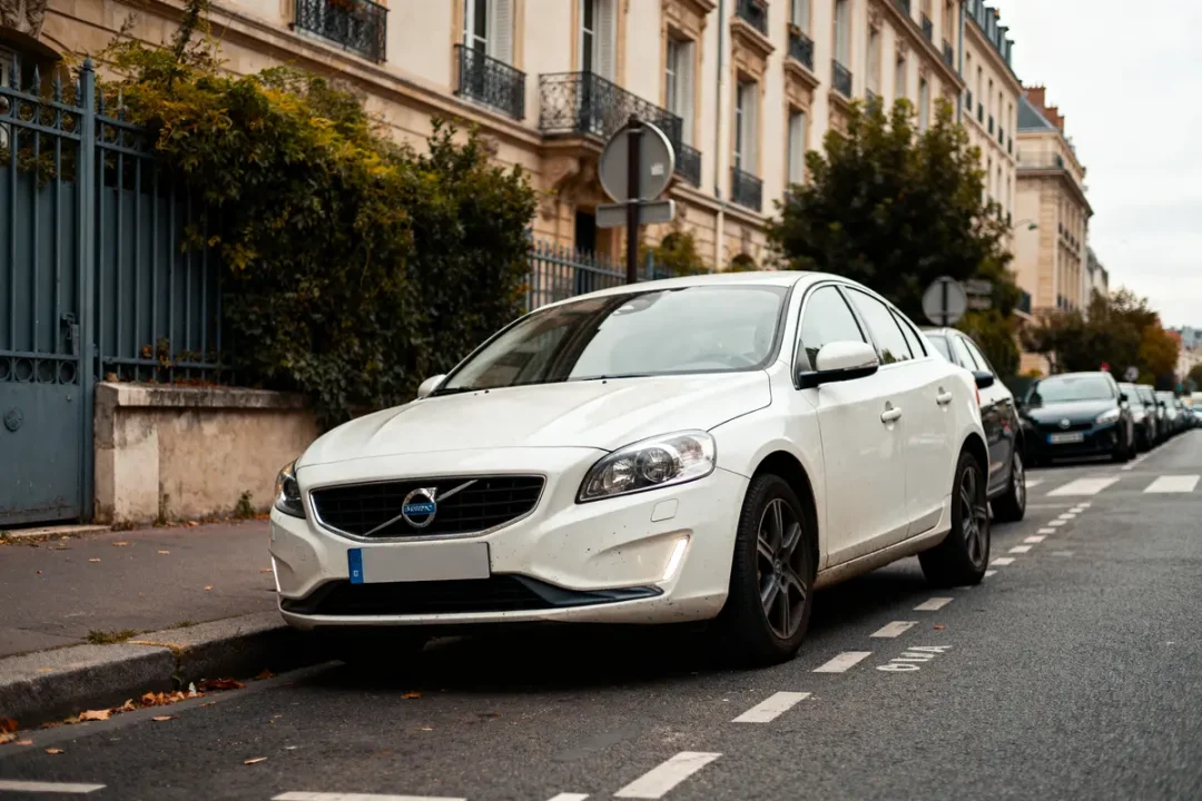 Voiture blanche mal garée sur trottoir natinf stationnement genant devant des immeubles parisiens