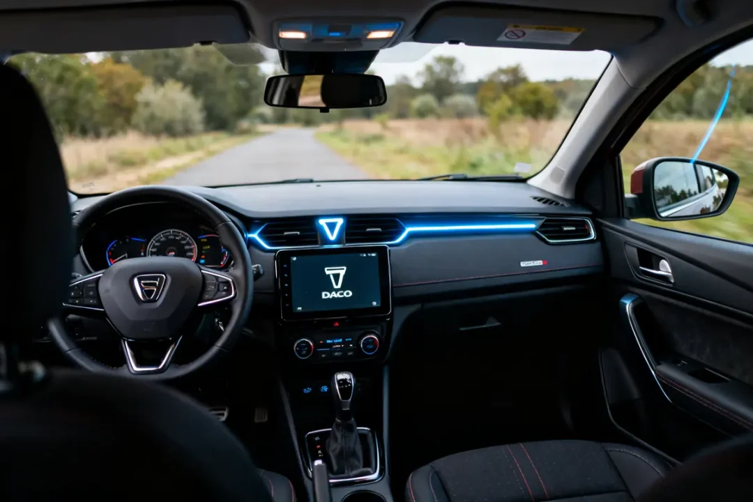 Intérieur moderne et lumineux du nouveau Dacia Logan avec écran multimédia intégré
