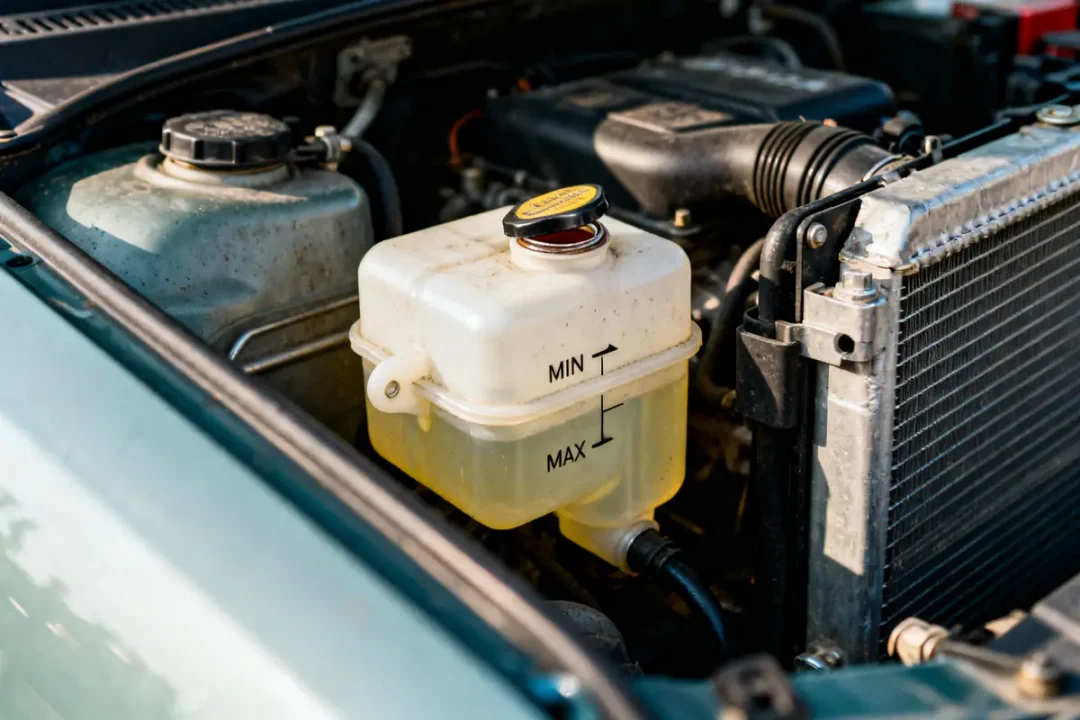 Réservoir moteur voiture montrant où mettre le liquide de refroidissement au niveau maximum