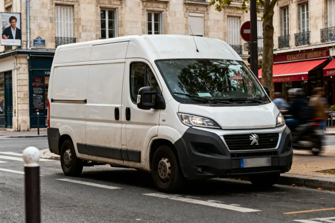 Fourgon blanc Peugeot Boxer 1 stationné en ville devant des bâtiments historiques.