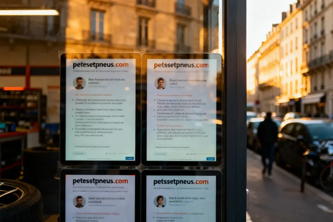 Affiches piecesetpneus com avis avec reflets urbains en arrière-plan sur vitrine de magasin