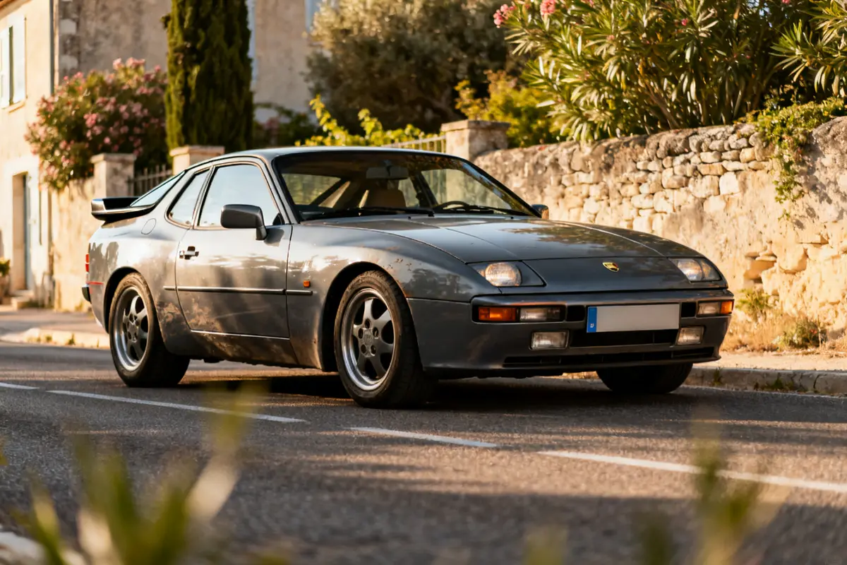 Porsche 944 cars stationnée devant un mur de pierre dans un cadre ensoleillé.
