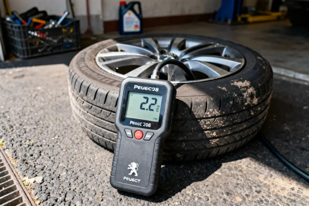 Manomètre vérifiant la pression de pneu pour 208 posé sur un sol de garage