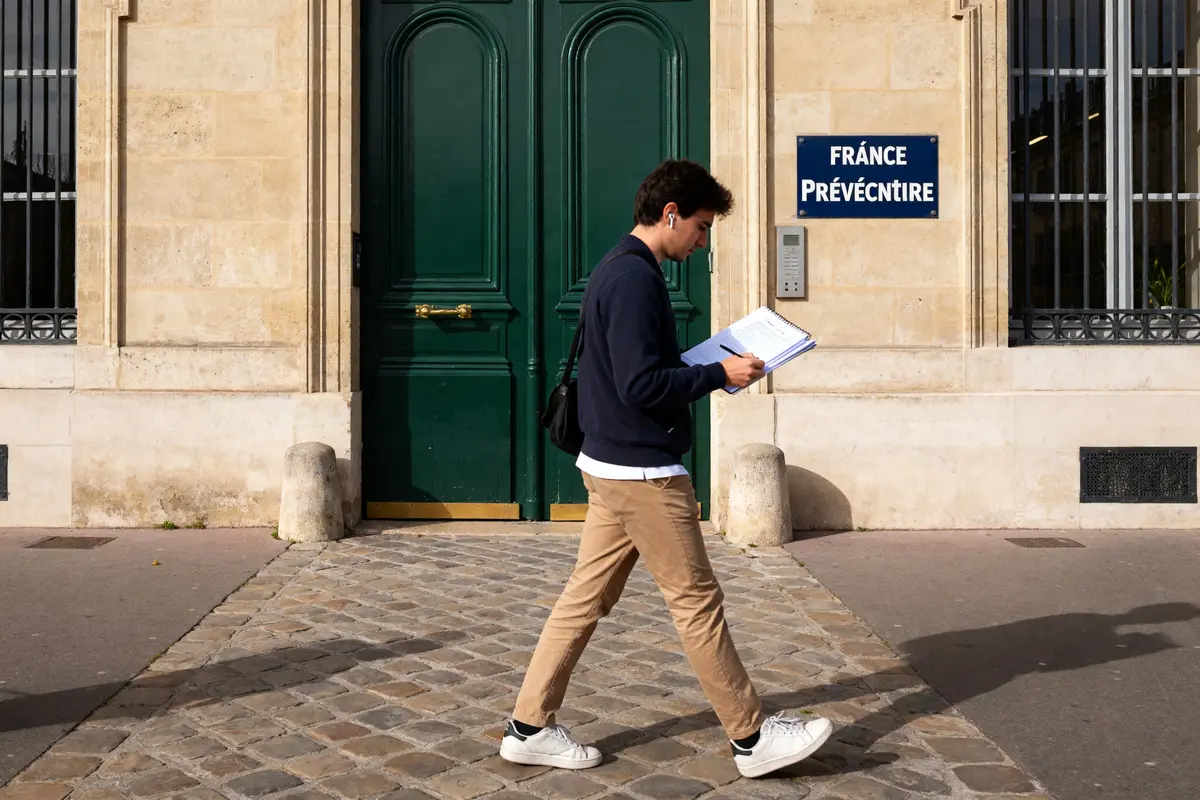 Jeune homme lisant devant bâtiment pour récupérer permis après suspension