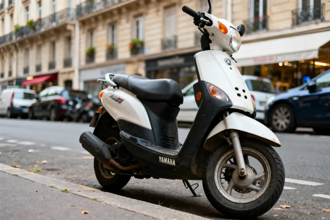 Scooter 50cc Yamaha blanc garé dans une rue urbaine devant bâtiments historiques