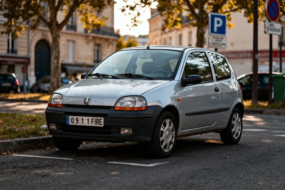 Voiture seicento auto grise stationnée dans la rue avec arbres en arrière-plan