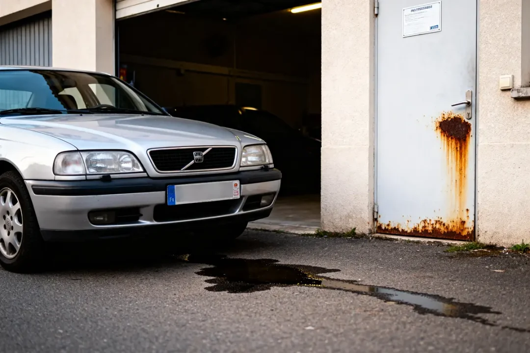 Voiture occasion fuite huile vice caché entrée garage porte rouillée sol asphalte tâche