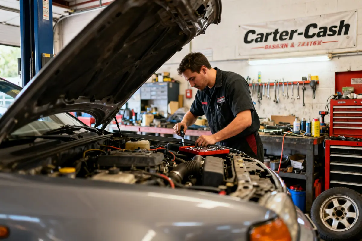 Mécanicien effectuant une vidange carter cash avis dans un atelier auto avec capot ouvert