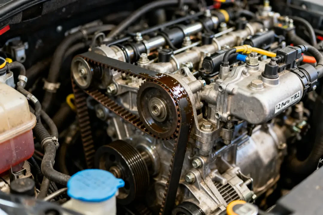 Moteur 1.2 PureTech 82 vue éclatée avec courroie et composants visibles