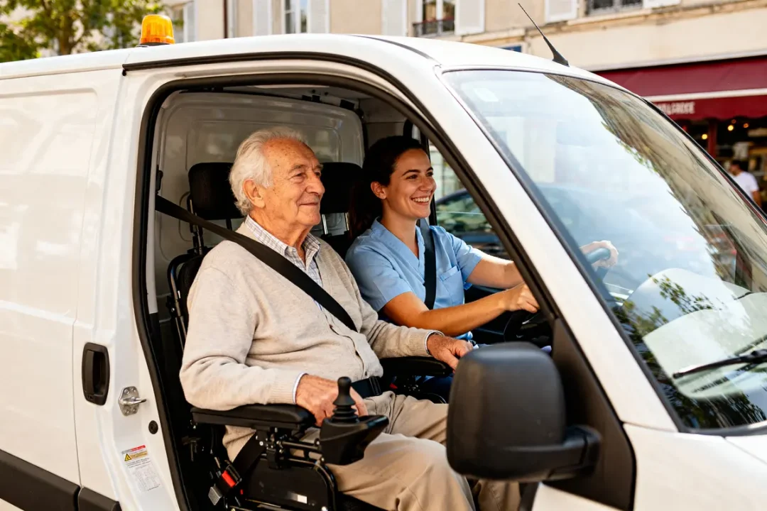 Une assistante souriante conduit pour l'accompagnement de personnes âgées en voiture.