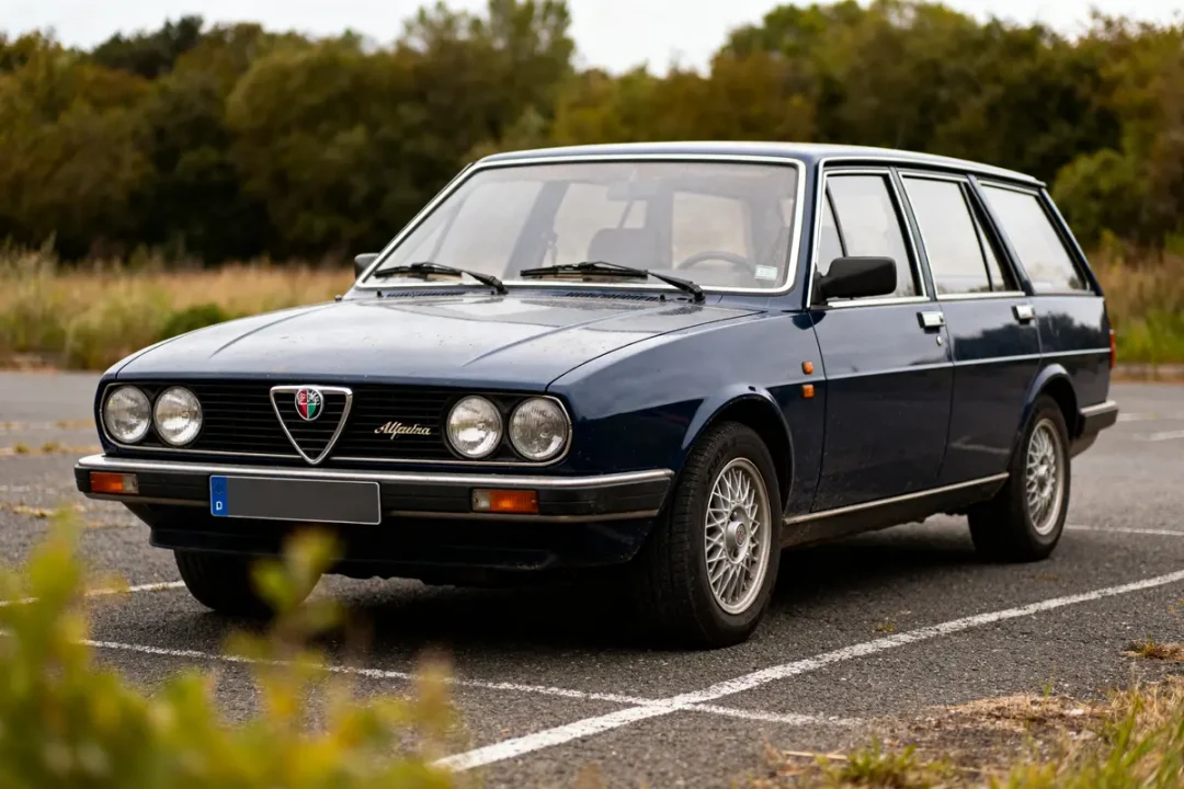 Break bleu foncé stationné sur parking, modèle Alfa Romeo 33 Wagon des années 1980