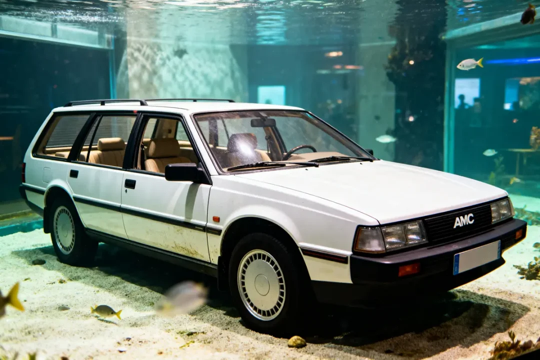 Voiture AMC Pacer exposée sous l'eau dans un aquarium avec poissons visibles.