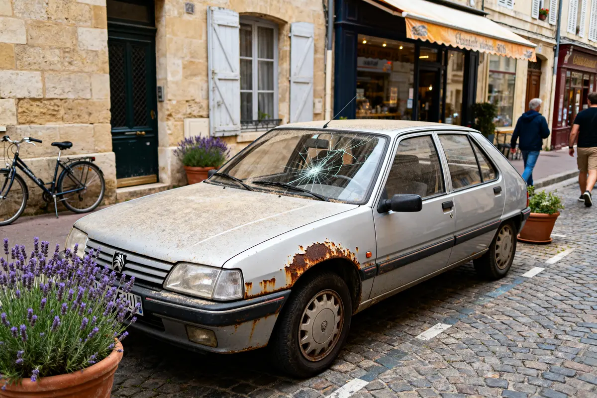Peugeot 305 ancienne avec peinture rouillée et pare-brise fissuré dans une rue pavée
