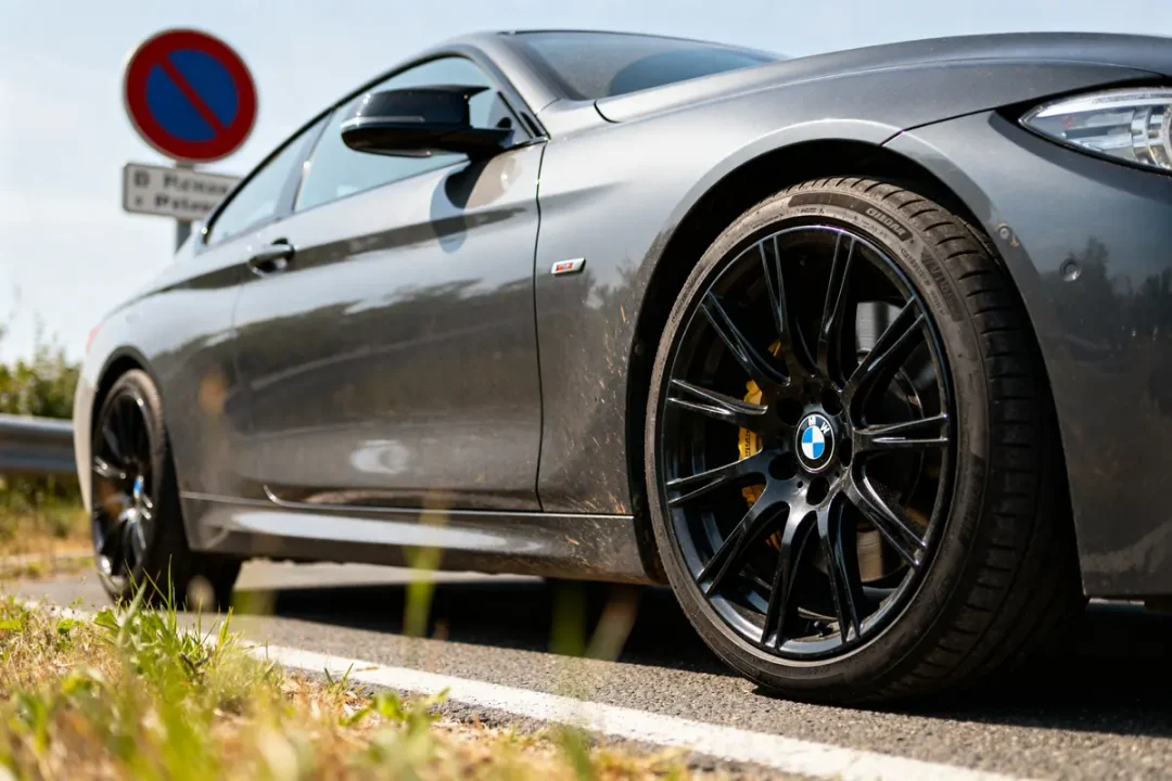 Voiture BMW grise avec jantes noires stationnée près d'un panneau d'interdiction.