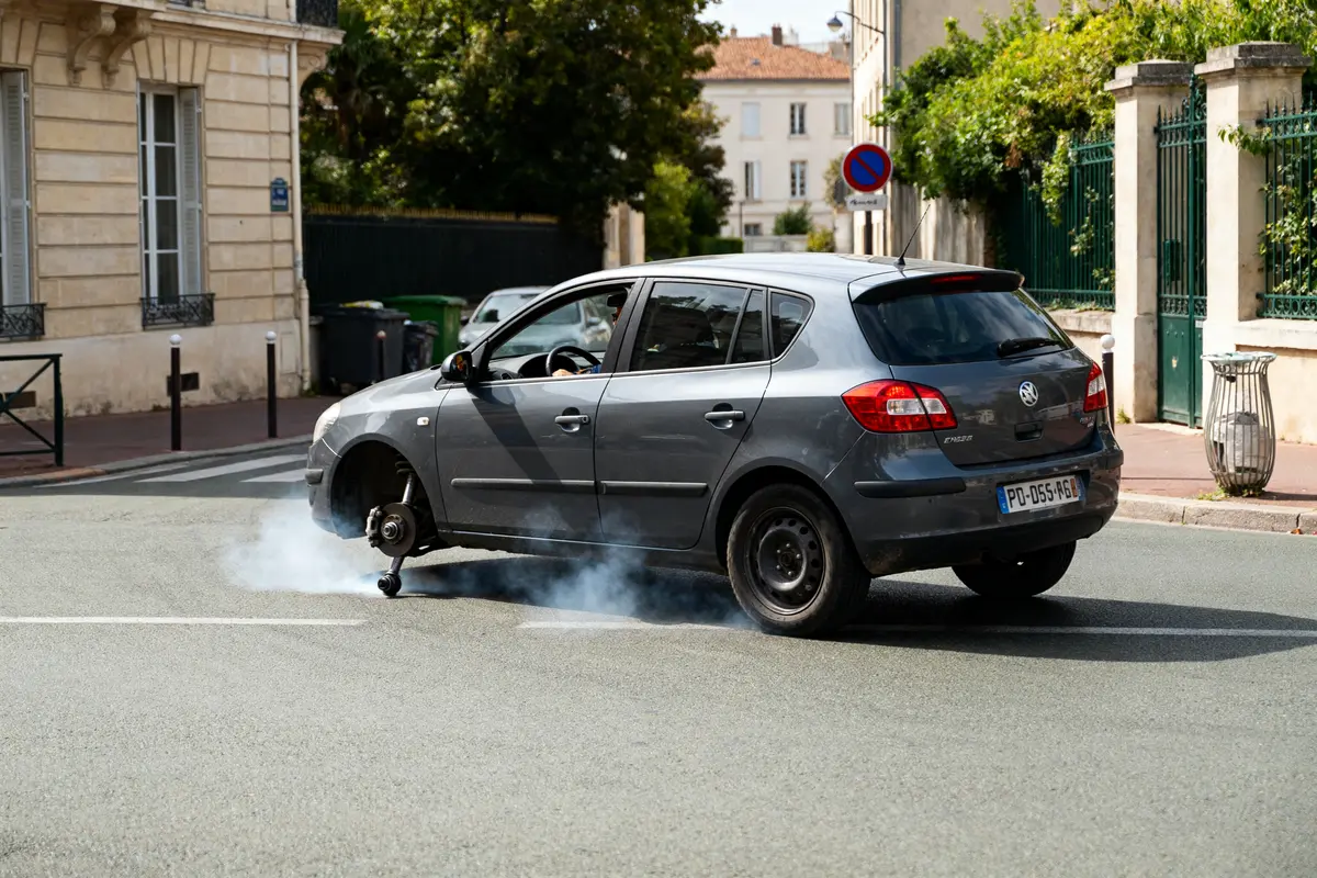 Voiture roulant avec un cardan défectueux produisant du bruit et de la fumée sur la route
