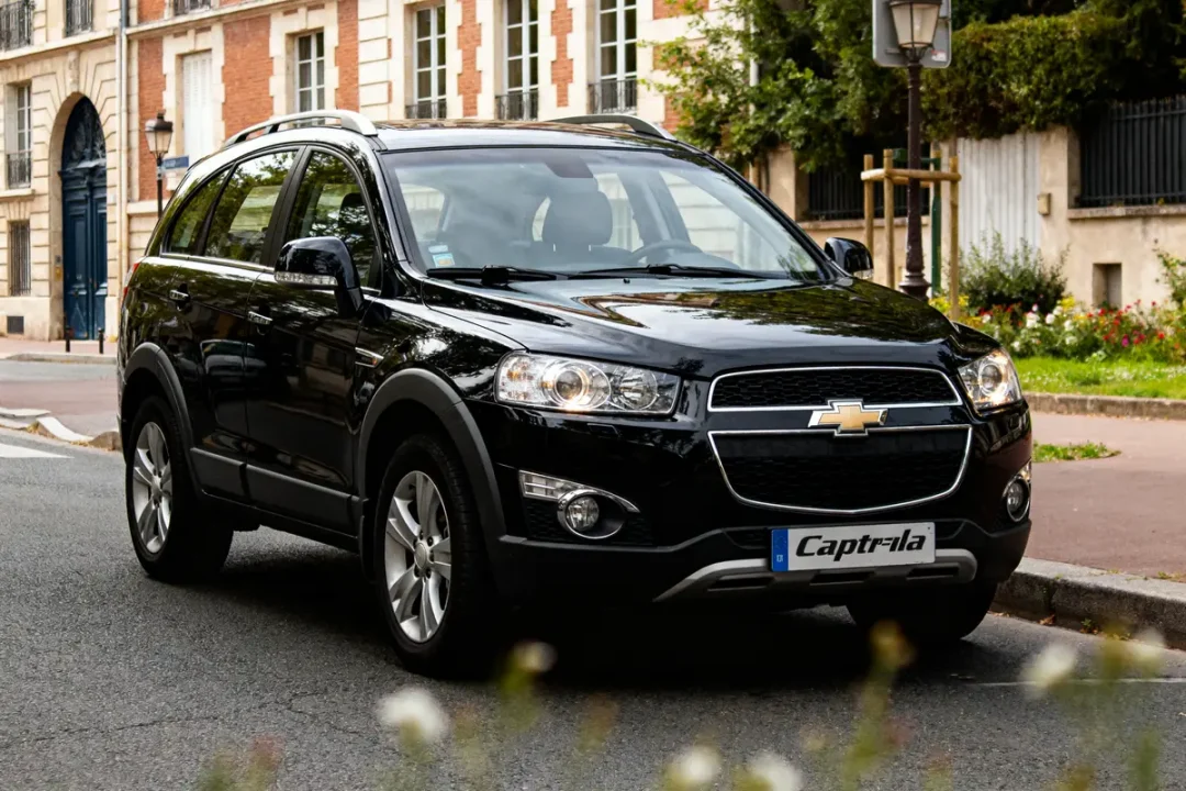 SUV noir Chevrolet Captiva automatique garé en ville sur une chaussée.