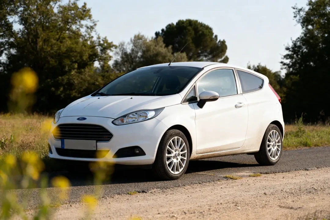 Ford Fiesta blanche garée sur une route de campagne ensoleillée devant des arbres