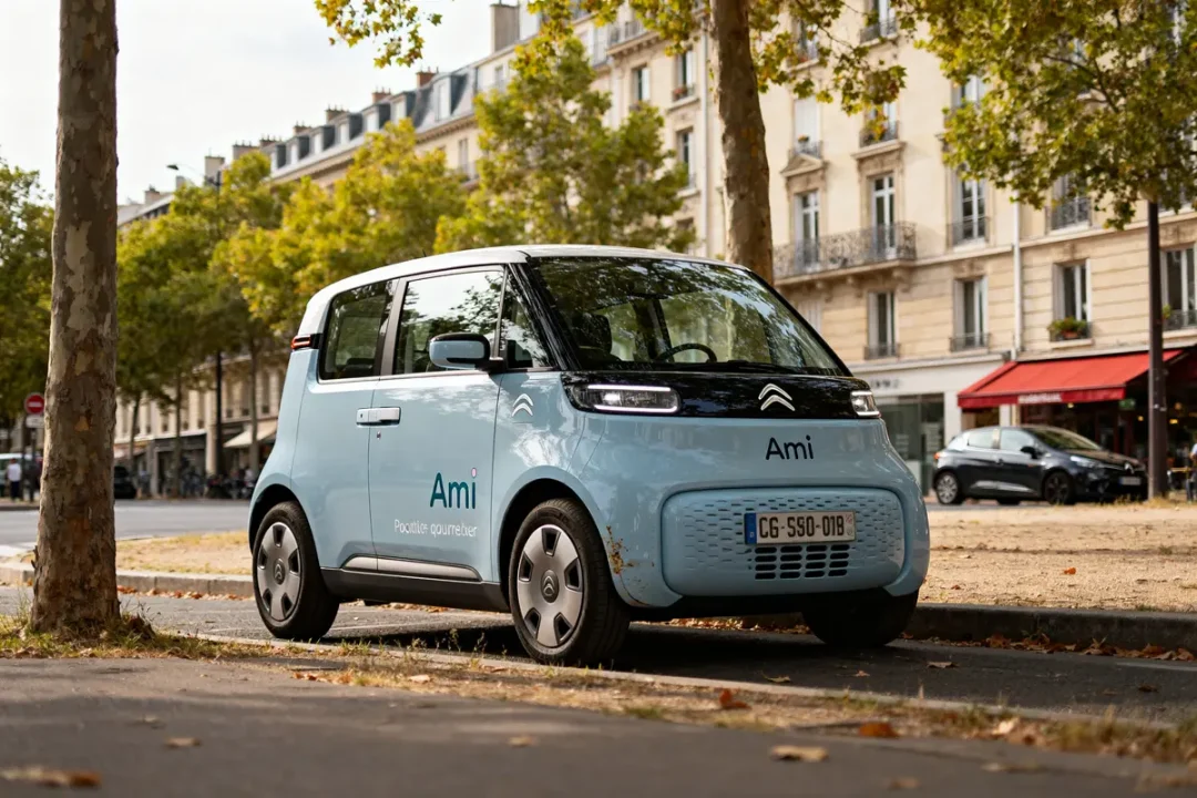 Citroën Ami bleu garé en ville, disponible pour location de courte durée