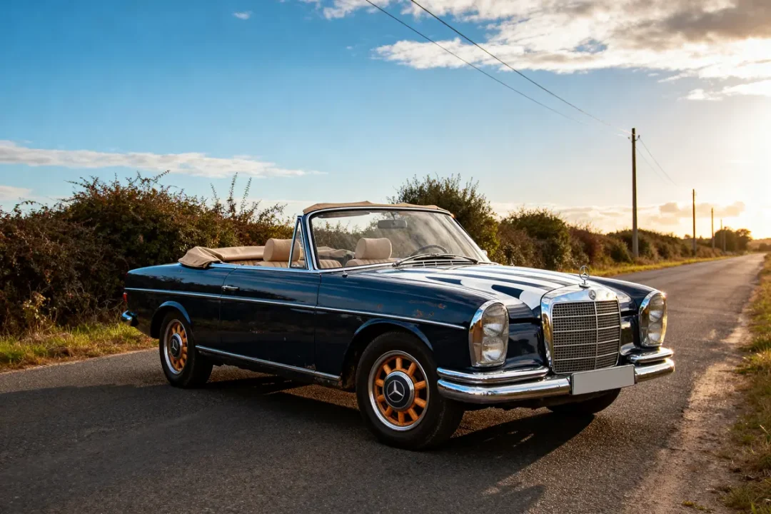 Vieille Mercedes cabriolet sur route de campagne ensoleillée avec ciel bleu.