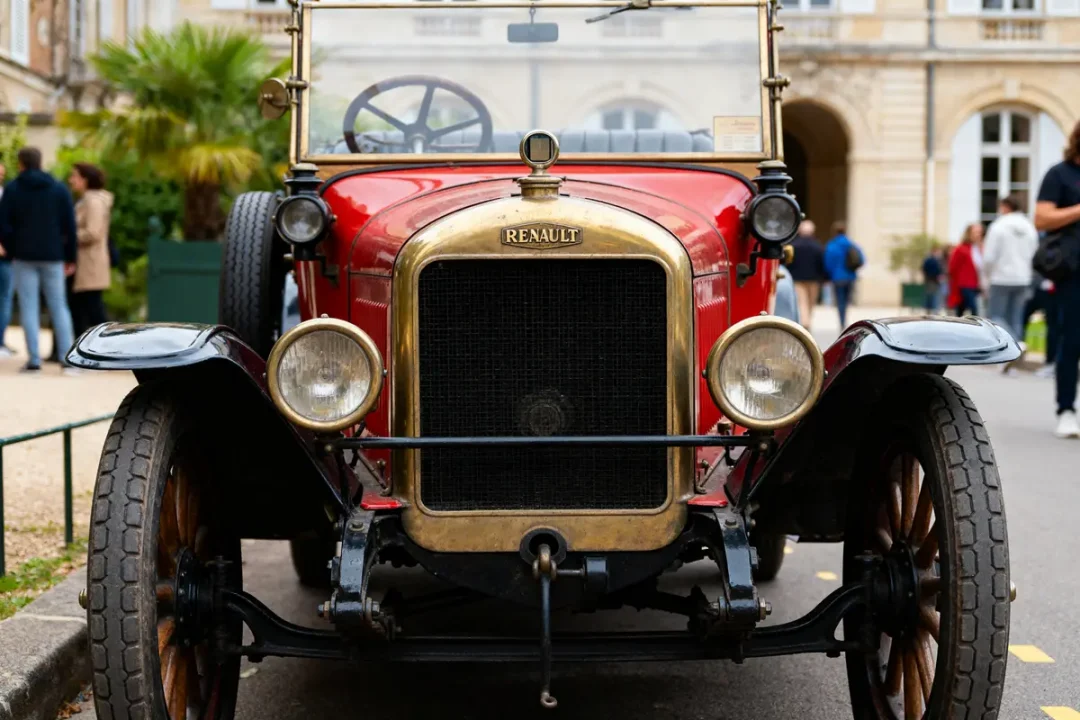 Voiture ancienne rouge antique vue de face, modèle Renault Type AX emblématique.