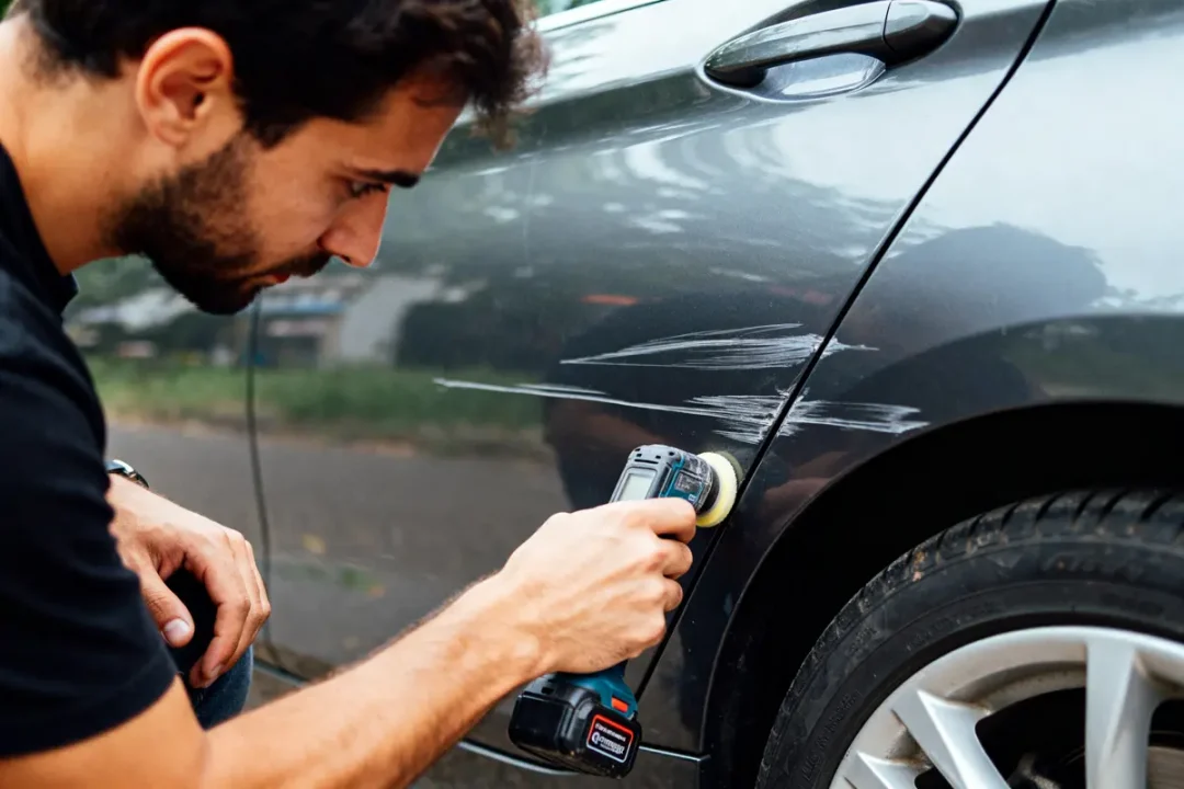 Un homme polit une carrosserie pour réparer rayures sur voitures efficacement.