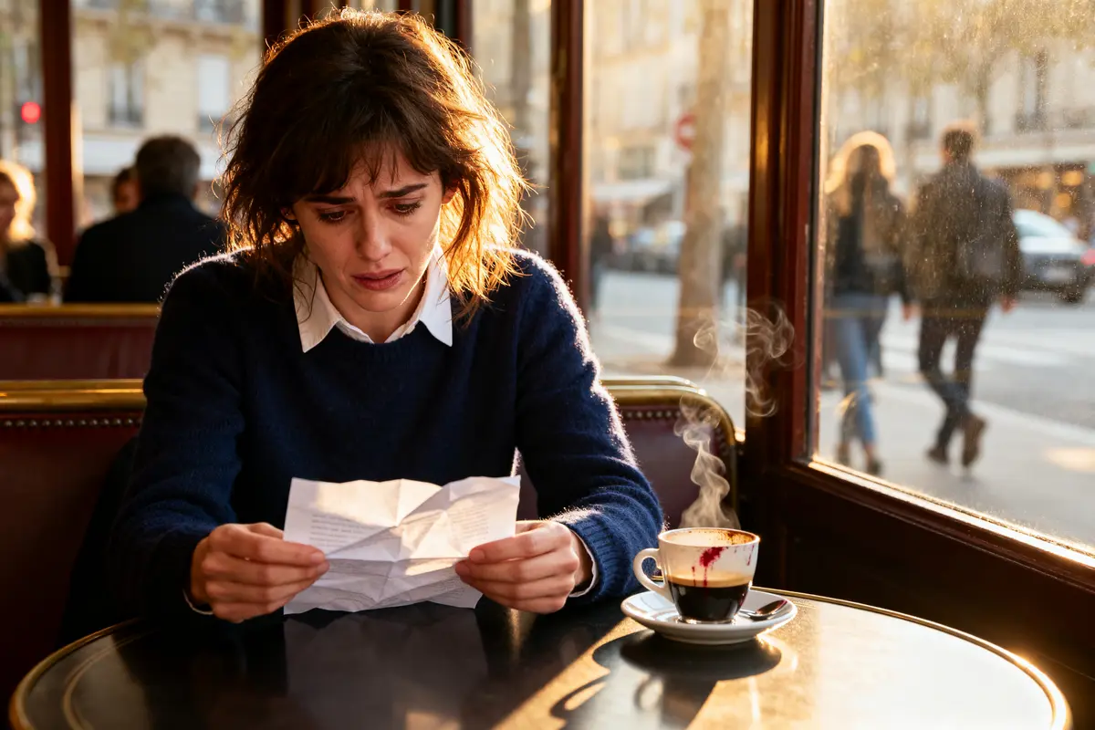 Femme déçue lisant lettre dans café, résultat de son permis de conduire raté.