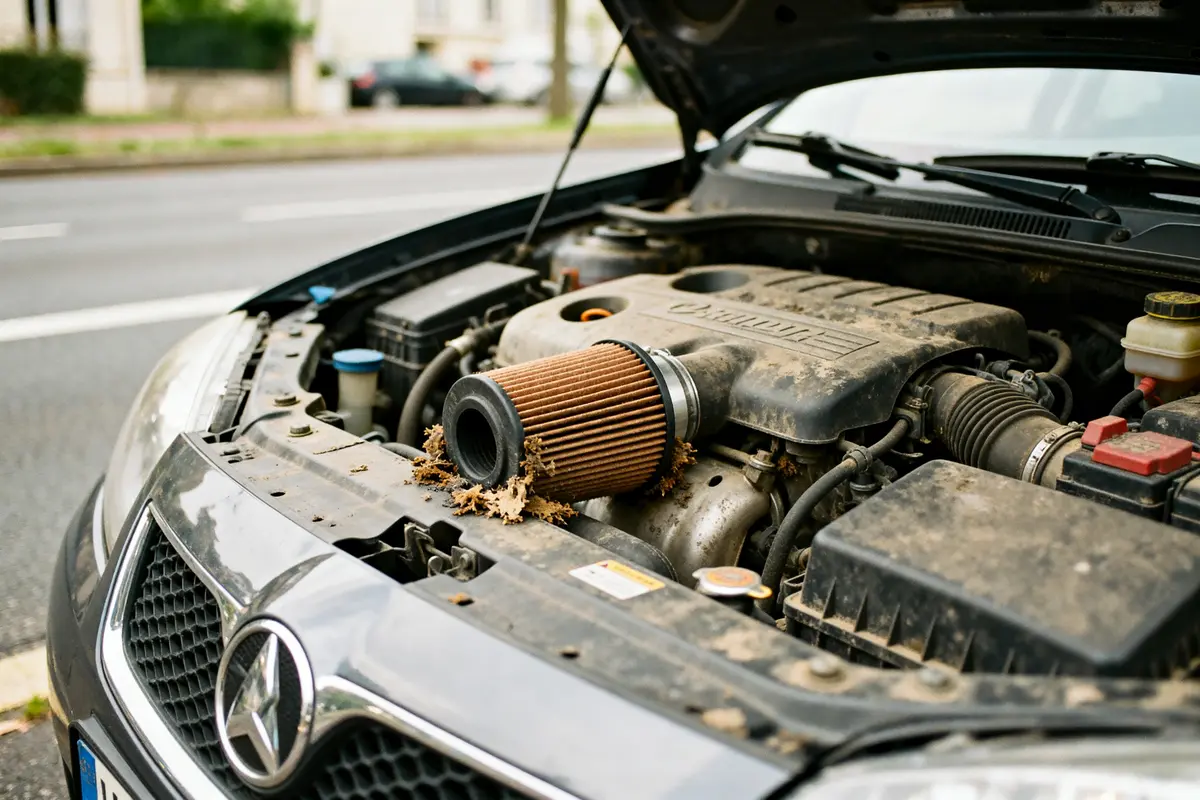 Moteur de voiture encrassé posant risque de colmatage du filtre à particule