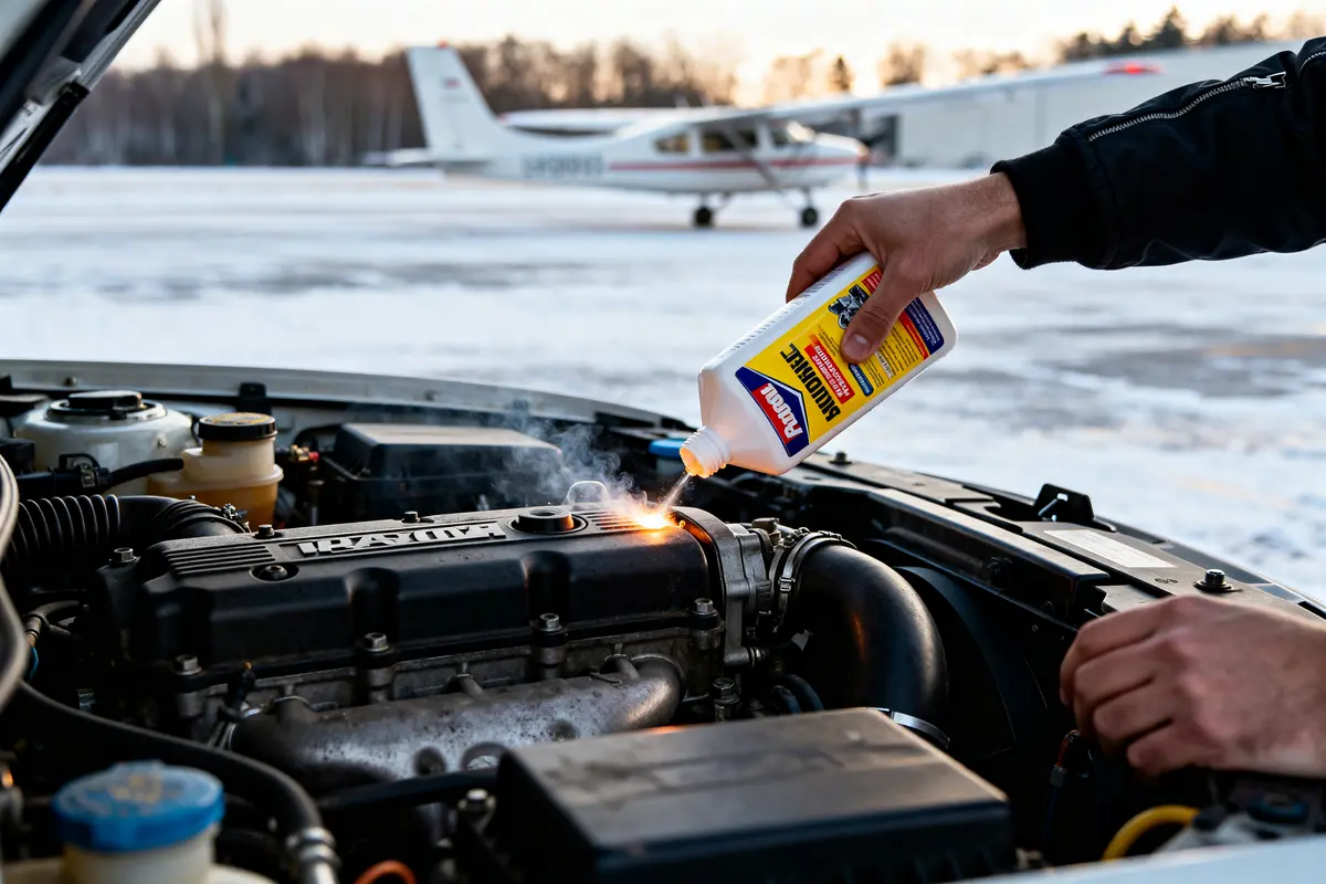 Personne ajoutant additif moteur avec avion au sol, évoquant le démarrage pilote automatique.