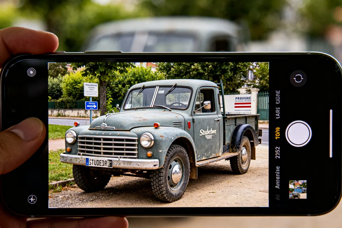 Photo vintage d'un camion Studebaker à l'écran d'un smartphone moderne en extérieur