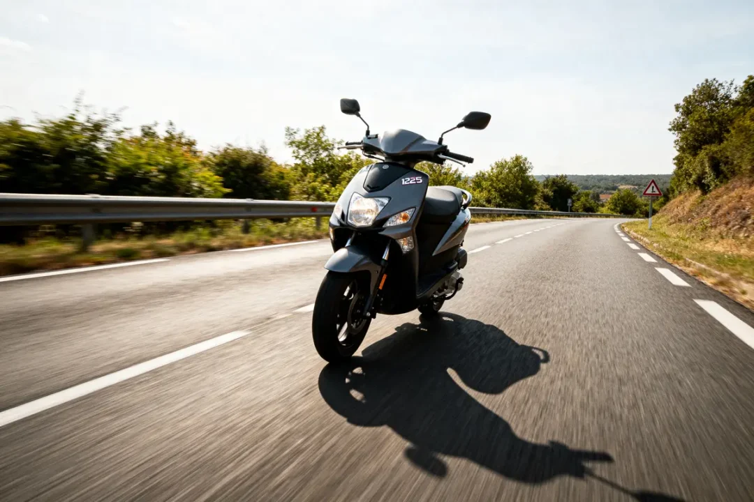 Scooter roulant sur route de campagne illustrant la vitesse maximale d'un 125cc