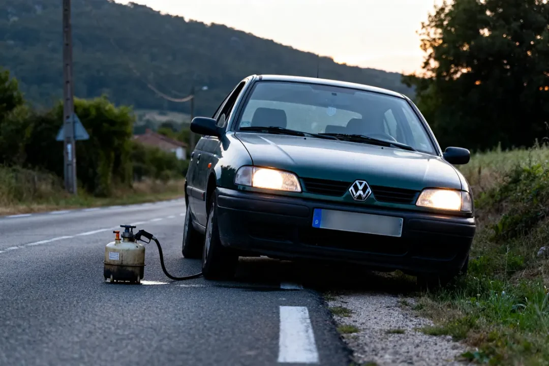 Voiture diesel immobilisée en route, signalant une panne soudaine en roulant.