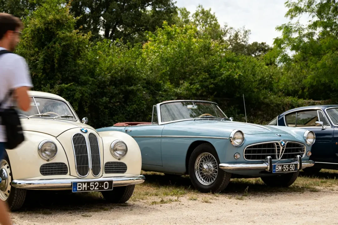 Trois voitures BMW vintage exposées dans un parc sous les arbres verdoyants