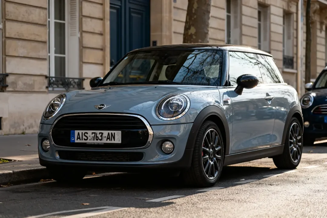 Mini Cooper bleu stationnée en ville avec boîte automatique visible et design moderne