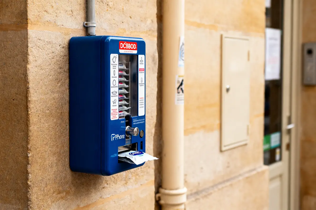 Distributeur de préservatifs fixé sur un mur beige dans une rue animée