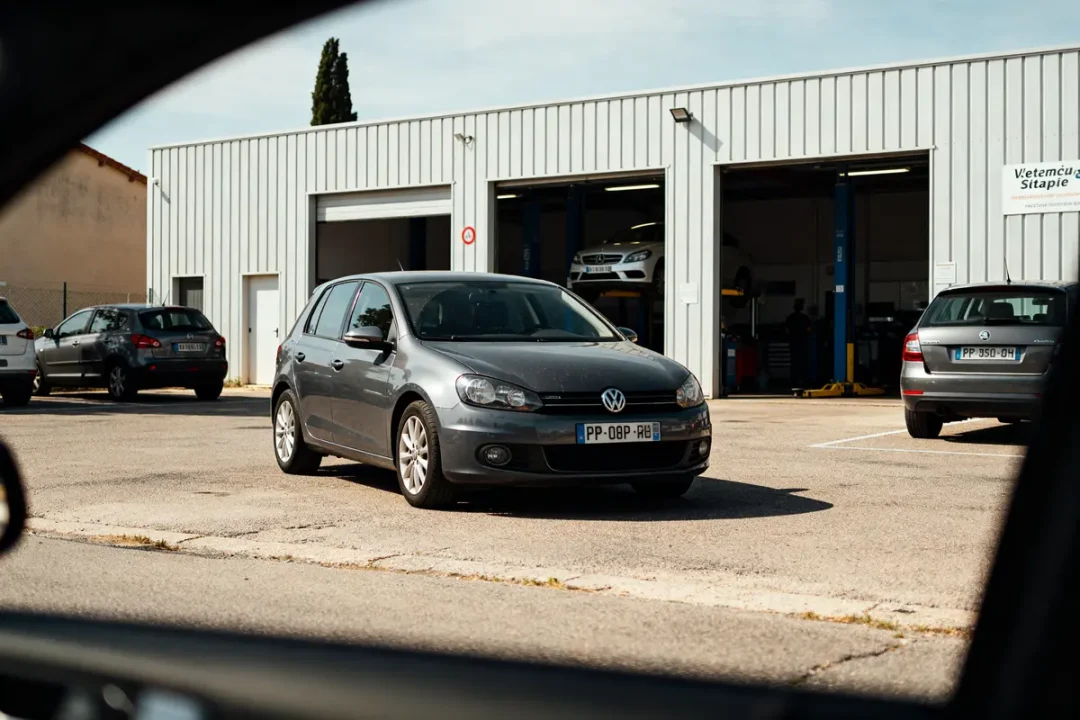 Voiture devant garage à Valréas, étape auto en arrière-plan