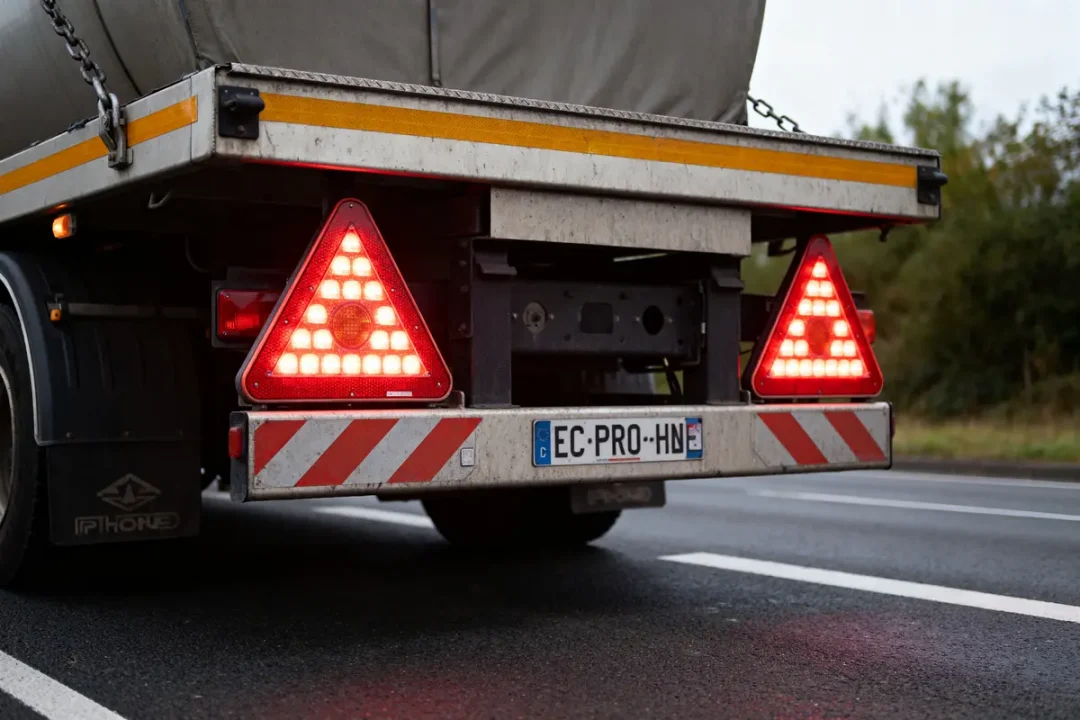Camion avec feux de gabarit rouges triangle allumés sur route asphaltée.